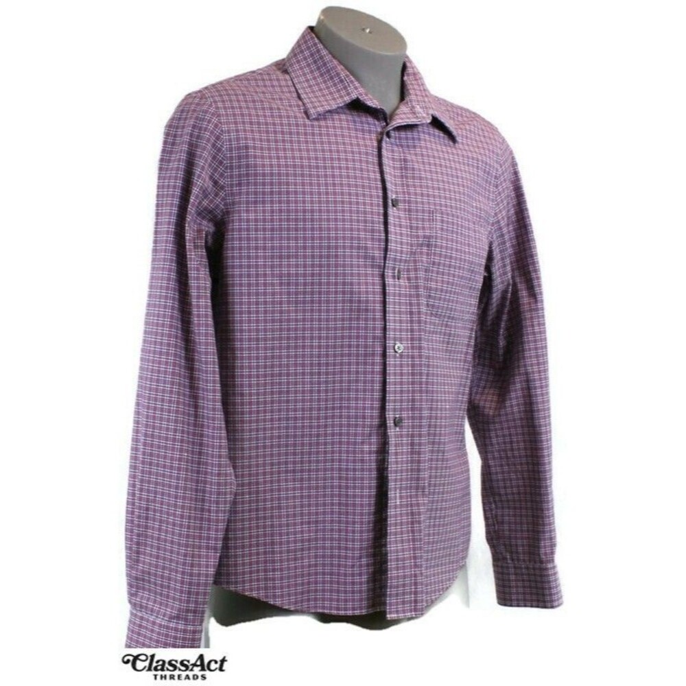 Jos A Bank Traveler Slim Fit Button Up Shirt Purple Plaid Sz L
